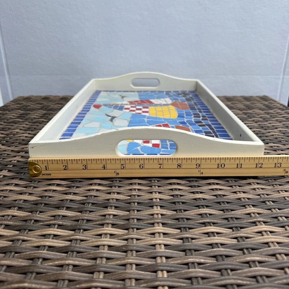 Handmade Mosaic Sailboat Serving Tray Wooden Coastal Nautical Decorative 19x12